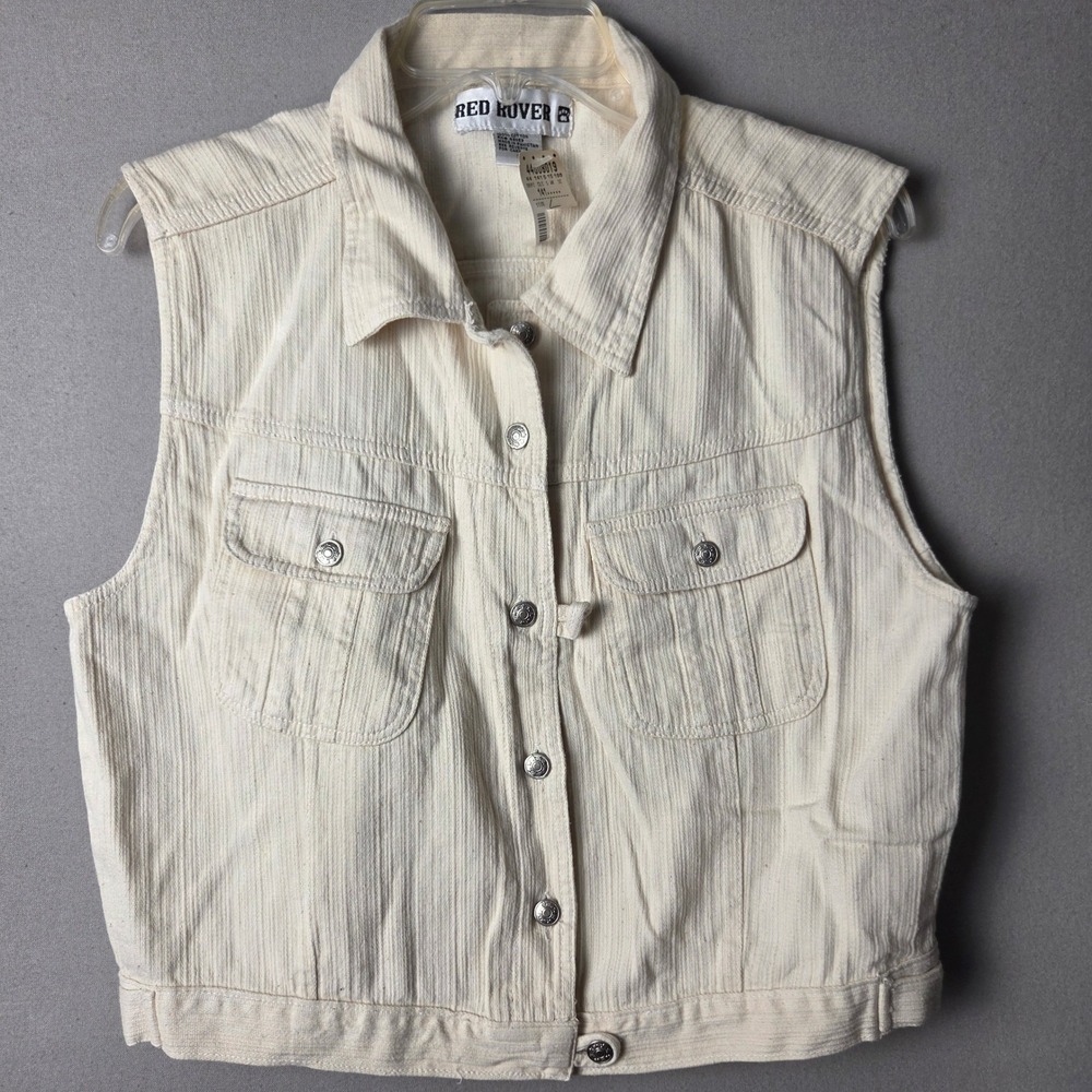 Red Rover Cream Textured Cotton Button Front Sleeveless Trucker Vest Large